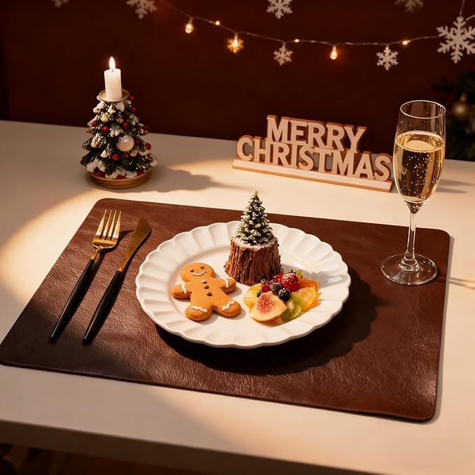 DOLOPL Placemats Set of 6 Reversible Dual-Color Table Placemats – Heat Resistant Wipeable & Brown Placemats, Faux Leather Table Mats for Vintage Table Decor（Dark Brown & Black）