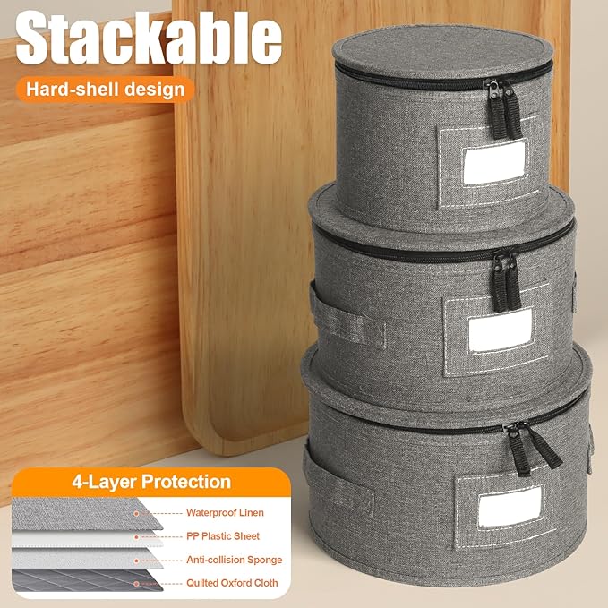 China Storage Containers, 4PCS Hard Shell Dish Storage Containers with Felt Dividers for Charger Plates Dinnerware, Moving Boxes for Dishes, Stackable Plate Storage Cases for 12 Place Setting