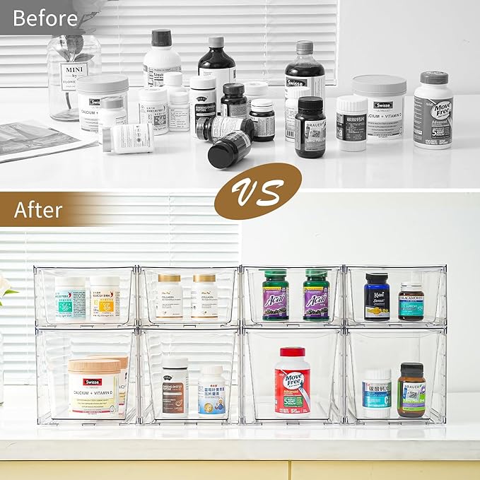 6Pack Stackable Kitchen Storage Organizer, Pantry Organizers and Storage, Clear Foods Organizer Bins with Handles, Easily Assemble for Bathroom, Kitchen, Pantry, Cabinet, Closet