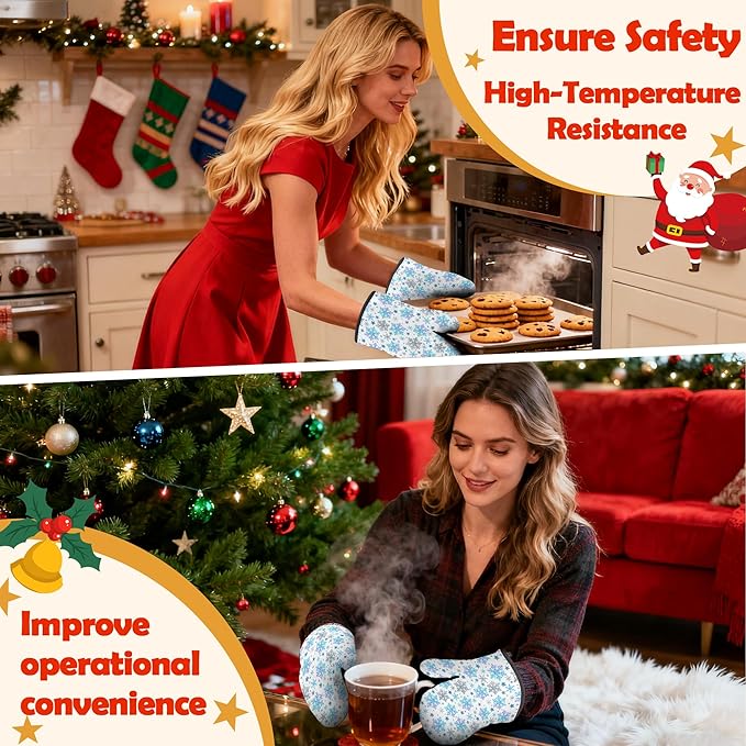 Oven Mitts Pot Holders Set 3 for Kitchen, Christmas Snowflakes Insulation Oven Gloves Heat Resistant Pot Pads Cook Essentials Accessories for BBQ Baking Cooking Kitchen Decor Gifts for Women