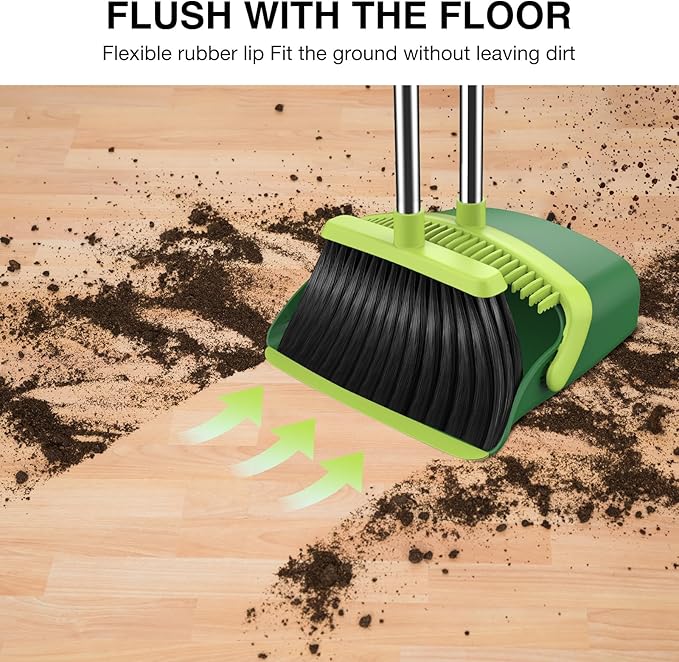 Broom and Dustpan Set, 52-in Long Adjustable Handle Broom Dustpan Combo with Dust pan Teeth to Automatically Clean Hair Suitable for Home Kitchen Office Hall Floor (Green), 4 Pack