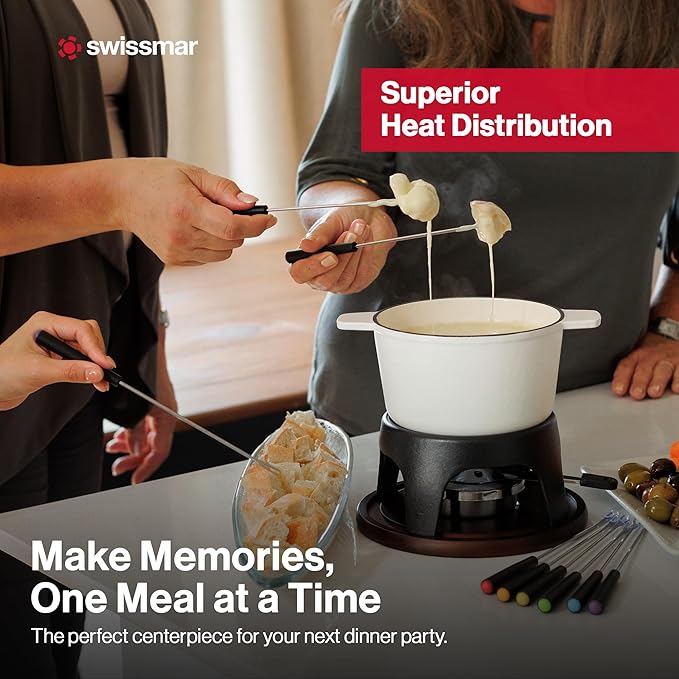 Swissmar Sierra Cast Iron Fondue Set, 1.6 Quart / 1.6 Liter – Perfect for Meat, Cheese, & Chocolate Fondues – Ideal for Family Bonding & Hosting Gifts - 12-Pieces, Matte White