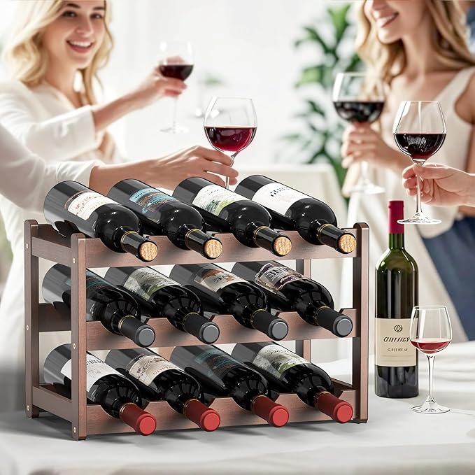 Wine Rack,Bamboo Wine Racks Countertop,Sturdy Wine Rack for Inside Cabinet &Freestanding Floor, 3-Tier 12 Bottles Racks for Kitchen,Cabinets,Home Bar,Wine Storage Racks(3-Tiers)