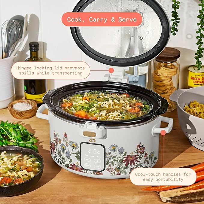 Beautiful 4-Qt Programmable Slow Cooker with Hinged Locking Lid & Touch Display – 3 Heat / 4 Timer Settings