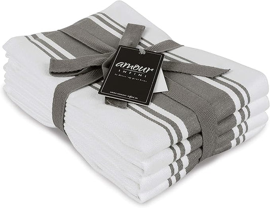 AMOUR INFINI Kitchen Towels 100% Cotton Pack of 4, Highly Absorbent Quick Drying Premium Striped Dish Towel for Kitchen with Hanging Loop Hand & Tea Towels (L.Grey)
