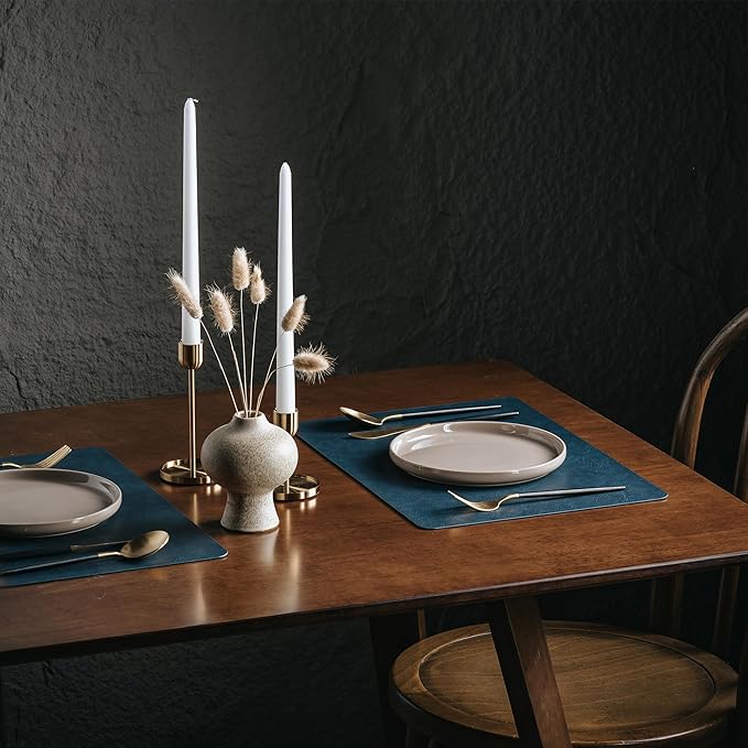 DOLOPL Placemats Set of 8 Reversible Dual-Color Table Placemats– Heat Resistant Wipeable & Washable Place Mats, Luxury Faux Leather Table Mats for Vintage Dining Table Decor (Camel & Navy Blue)
