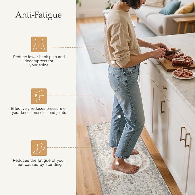 GENIMO Kitchen Mats for Floor 2PCs, Washable Anti Fatigue Mat for Cushioned, 17.3"x59"+17.3"x30", Waterproof Kitchen Rugs, Non Slip Comfort Standing Mat Rug for Home, Sink, Laundry, LightTaupeBrown