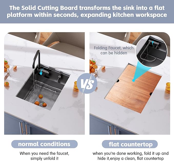 15x20 Inch Black Hidden Concealed Undermount Bar Sink with Folding Faucet, Hausinluck Stainless Steel Workstation Bar Outdoor RV Sink, 16 Gauge Small Bar Single Bowl Sink for Wet Bar Prep