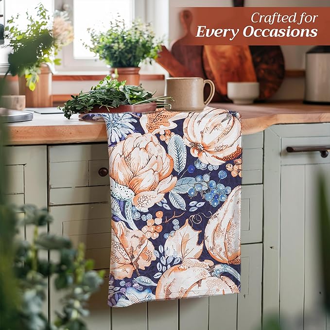 Maison d' Hermine Kitchen Towels Set of 3 100% Cotton 20" x 27.5" Reusable Cloth Tea Dish Towels Absorbent with Hanging Loop for Kitchen Dining Thanksgiving Christmas Decorations (Pumpkin Blues)