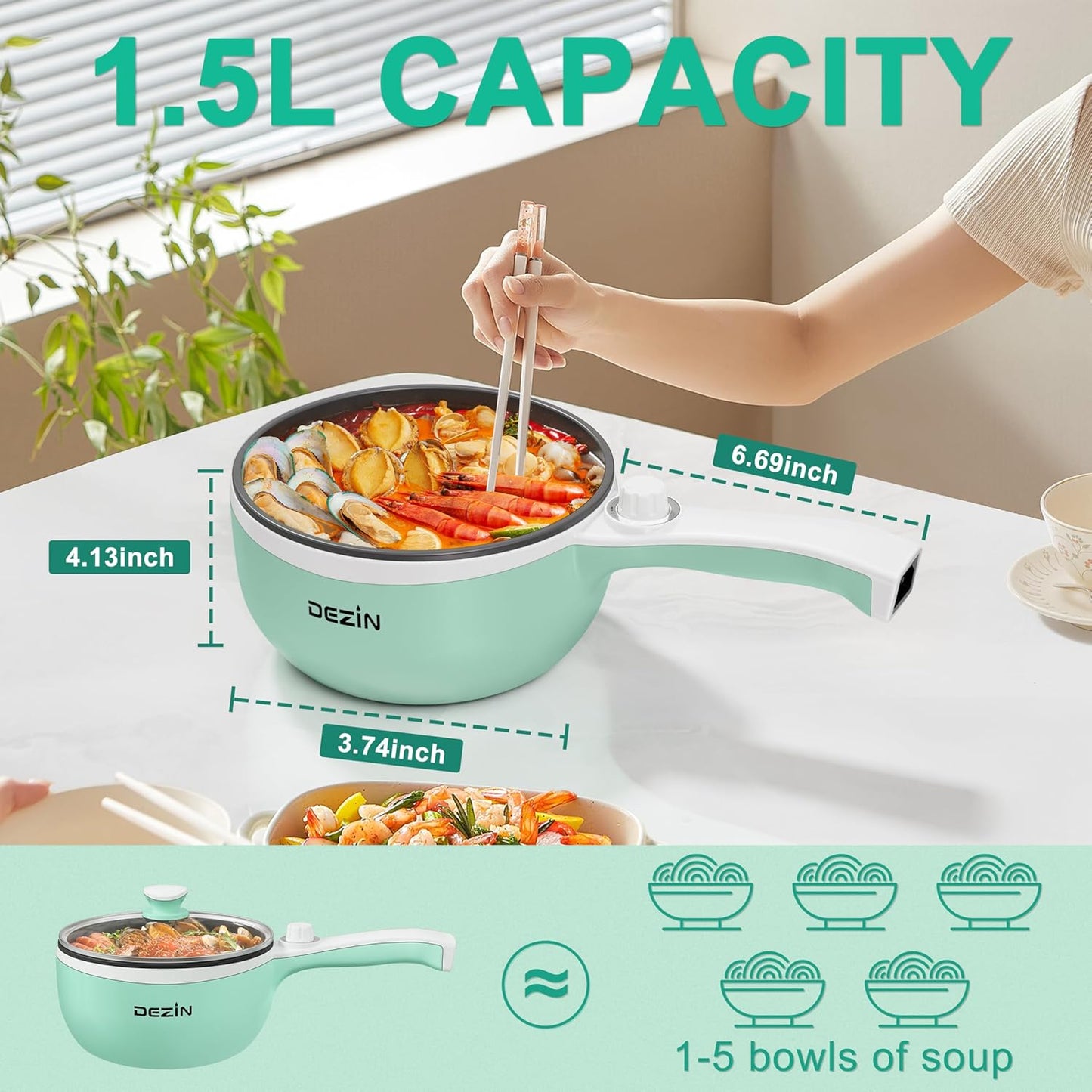 Dezin Hot Pot Electric with Steamer Upgraded, Non-Stick Sauté Pan, Rapid Noodles Electric Pot, 1.5L Mini Pot for Steak, Egg, Fried Rice, Ramen, Oatmeal, Soup with Power Adjustment
