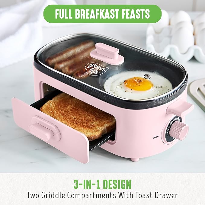 GreenLife 3-in-1 Breakfast Maker Station, Healthy Ceramic Nonstick Dual Griddles for Eggs Meat Sausage Bacon Pancakes and Breakfast Sandwiches, 2 Slice Toast Drawer, Easy-to-use Timer, Pink