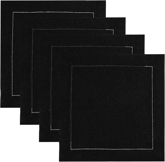 Solino Home Linen Square Placemats Set of 4-100% Pure Linen Black Cloth Placemats 14 x 14 Inch - Classic Hemstitch, Machine Washable Place Mats for Fall, Autumn, Winter, Thanksgiving, Christmas