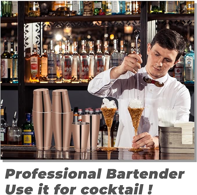 Lallisa 10 Pieces Cocktail Shakers Professional Bar Boston Shaker Set Stainless Steel Martini Shaker Drink Mixer Basic Tools Weighted Shake Metal Can for Bartenders, 18 Oz, 28 oz(Copper)