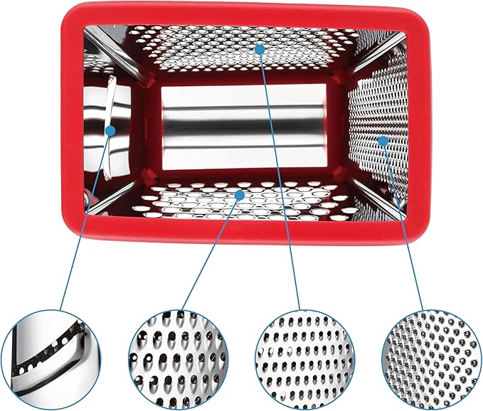 Spring Chef Professional Cheese Grater - Stainless Steel 4 Sided Box Grater for Kitchen, XL Size - Perfect Shredder for Parmesan Cheese, Carrot, Potato, Ginger - Dishwasher Safe - Red