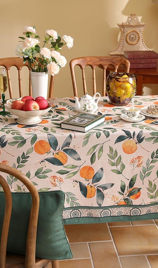patdrea Designer Orange Tablecloth for Rectangle Tables,Framhouse Linen Oranges and Leaves Tree Pattern Linen Tablecloth,Fall Fruits Table Cover Cloth Decor for Kitchen Dining Christmas,63"*102"