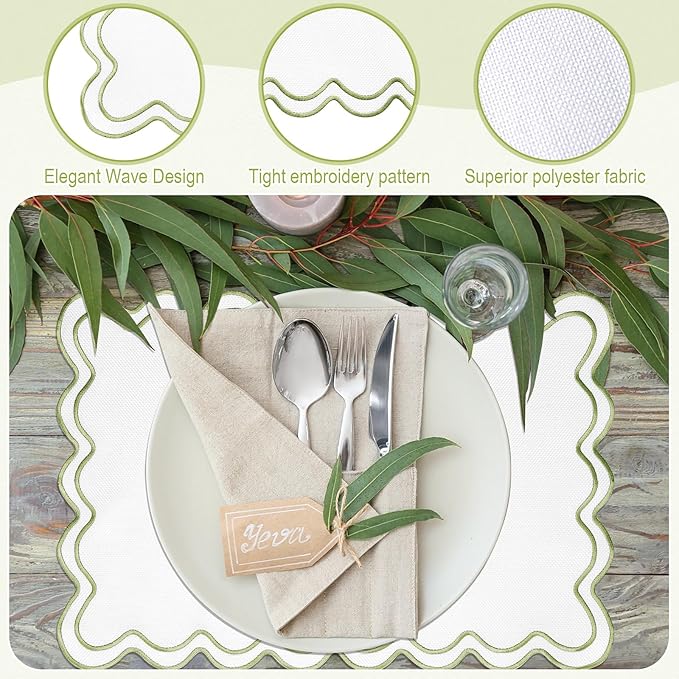 12 Set Linen Placemat 13x19 Wavy Embroidery Scalloped Placemat Double Layered Washable Farmhouse Dinner Table Mat Fabric Napkin for Christmas Hotel Restaurant Wedding Party(Grass Green)