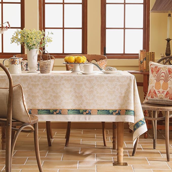 patdrea Designer Orange Tablecloth for Rectangle Tables,Pineapple Tree Pattern Linen Tablecloth,Tropical Style Fruit Table Cover Cloth Decor for Kitchen Dining Christmas,63"*94"
