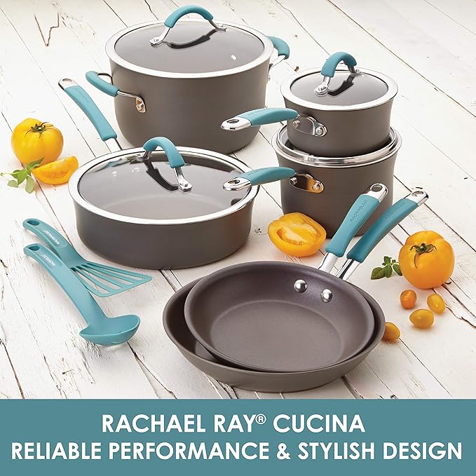 Rachael Ray Cucina Hard Anodized Nonstick Cookware Pots and Pans Set, 12 Piece, Gray with Blue Handles & Cucina Hard Anodized Nonstick Sauce Pan/Saucepan with Lid, 3 Quart, Blue