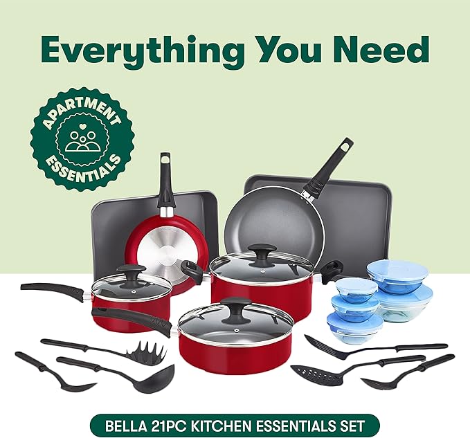 BELLA Nonstick Cookware Set with Glass Lids - Aluminum Bakeware, Pots and Pans, Storage Bowls & Utensils, Compatible with All Stovetops, 21 Piece, Red