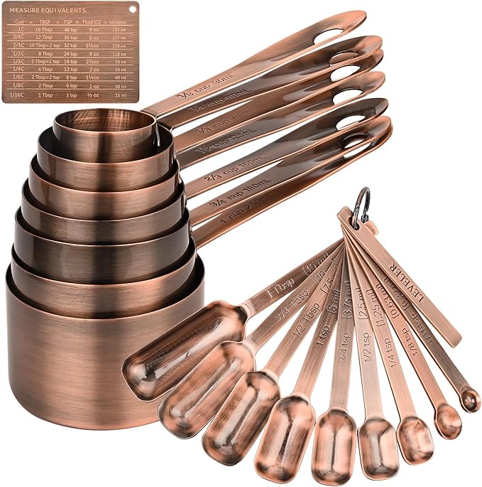 Copper Measuring Cups and Spoons Set of 18, 7 Copper Measuring Cups, 9 Copper Measuring Spoons, Stainless Steel Measuring Spoons and Cups for Dry & Wet Ingredients During Kitchen&Baking