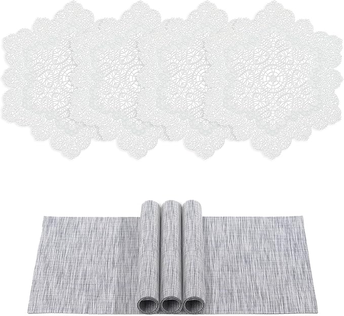 BACKTOEDEN Placemats Set of 4 Heat Resistant Washable Wipeable Placemat Woven Non-Slip Foldable Vinyl/Plastic Place Mats Indoor/Outdoor Mat Kitchen Dining Table Pad, White Snowflake & Gray