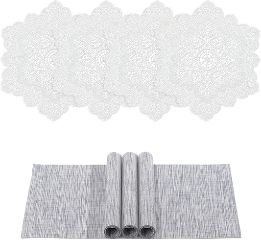 BACKTOEDEN Placemats Set of 4 Heat Resistant Washable Wipeable Placemat Woven Non-Slip Foldable Vinyl/Plastic Place Mats Indoor/Outdoor Mat Kitchen Dining Table Pad, White Snowflake & Gray