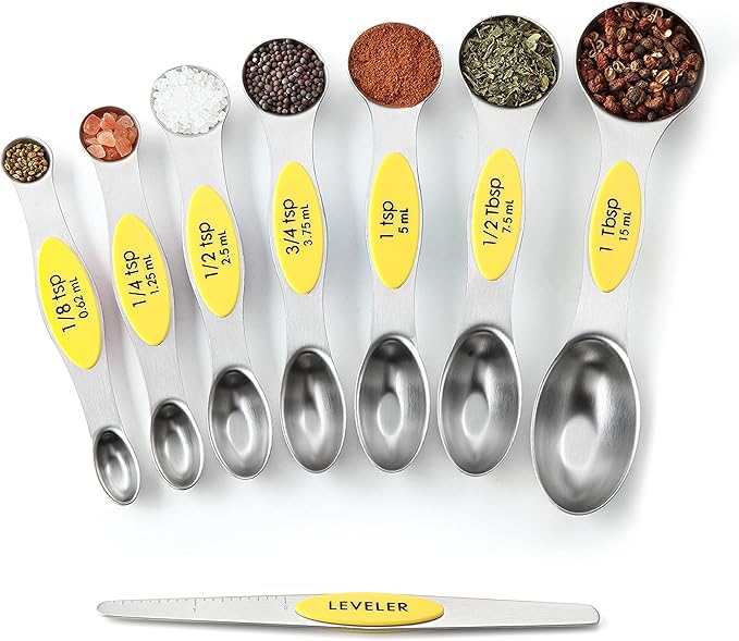 Spring Chef Yellow Stainless Steel Magnetic Measuring Spoons Set of 8 with Leveler, Dual Sided Metal Teaspoon & Tablespoon Measuring Spoons, Kitchen Gadgets for Baking & Cooking, Fits in Spice Jars