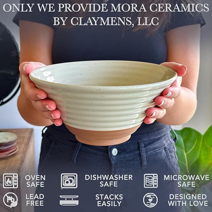 Mora Ceramic Ramen Bowl Set of 2, 45oz - Great for Pho, Miso Udon Soup, Instant Noodles, Serving, Thai or Asian Food - Microwave Safe Large Japanese Noodle Bowls, Modern Kitchen - Assorted Neutrals