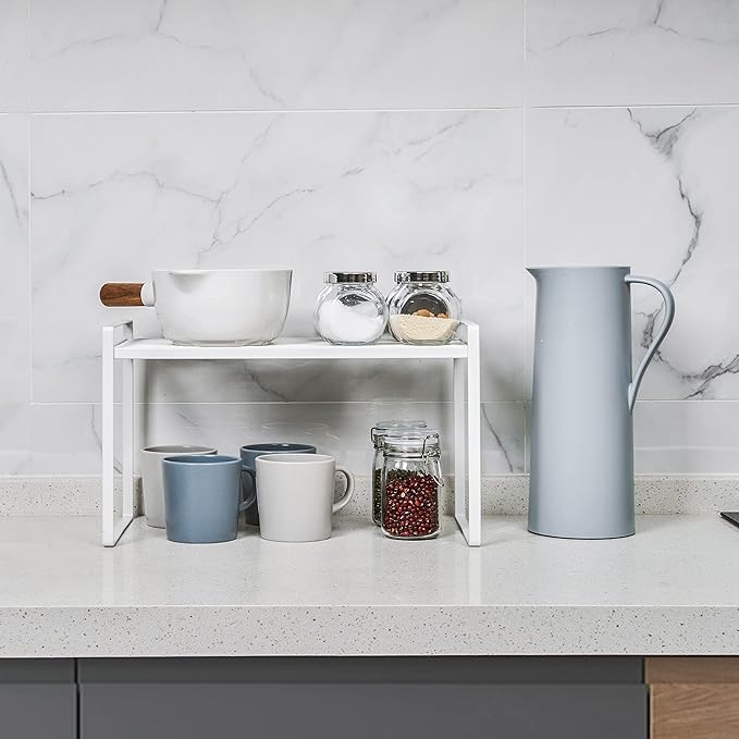 2Pack Kitchen Cabinet Shelf Counter Organizer Rack Pantry Storage Bathroom Bedroom Office Table Desk Space Saving Stackable Rust Resistant Non Slip White Tall Wide L16.1in W10.6in H9.5in