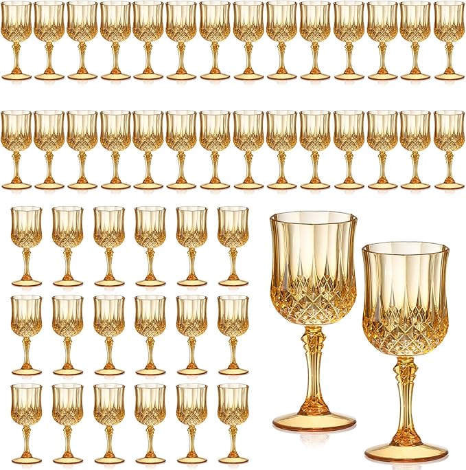 XUWAIDSGN 48 Pcs 7oz Plastic Vintage Wine Glasses Drinking Glasses Unbreakable Wedding Glassware Crystal Water Goblets Reusable Drinkware Vintage Champagne Flutes (48, Amber)
