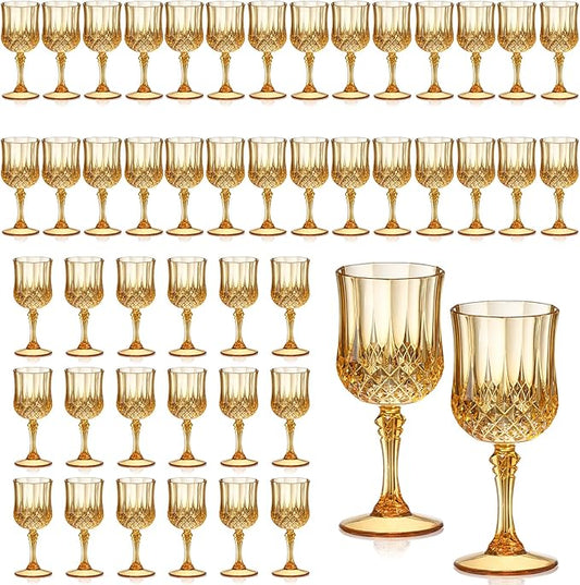 XUWAIDSGN 48 Pcs 7oz Plastic Vintage Wine Glasses Drinking Glasses Unbreakable Wedding Glassware Crystal Water Goblets Reusable Drinkware Vintage Champagne Flutes (48, Amber)