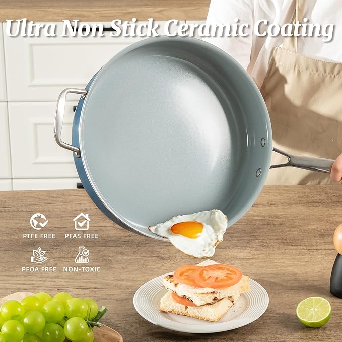 Nonstick Sauté Pan with Lid 5 QT Deep Frying Pan with Stainless Steel Helper Handle 12 inch Large Skillet Ceramic Jumbo Cooker for Healthy Cooking, Induction Compatible Cookware, PFOA Free