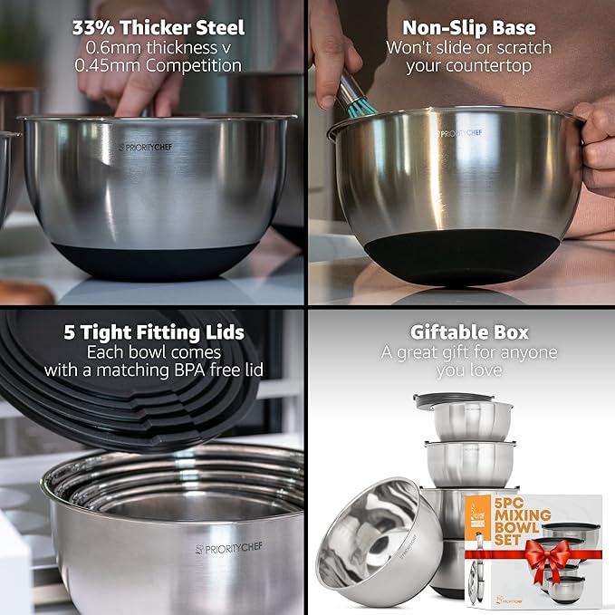 Priority Chef Premium Mixing Bowls With Lids Set, Airtight Lids, Thicker Stainless Steel, Non-Slip Base, 5 Nesting Steel Bowls for Kitchen, Large Prep Metal Bowl Set 1.5/2/3/4/5 Qt, Black