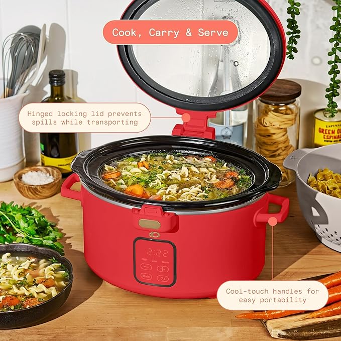 Beautiful 4-Qt Programmable Slow Cooker with Hinged Locking Lid & Touch Display – 3 Heat / 4 Timer Settings (Tomato Red)