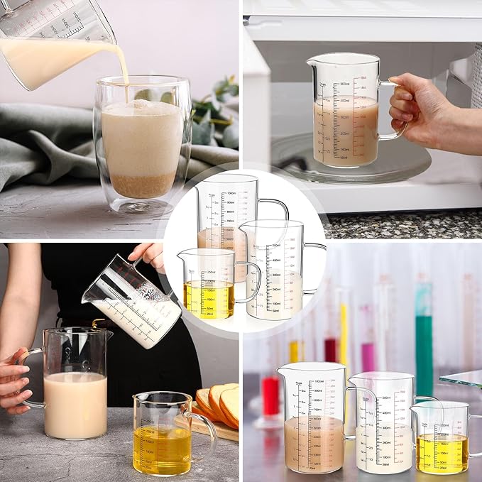 Lallisa 3 Pack High Borosilicate Glass Measuring Cups Set with Handle V Shaped Spout, 4, 2, 1 Cup 3 Scales (Oz, Cup, Ml) for Kitchen Restaurant Baking Cooking, Easy to Read, Clear(Black, Red Scale)