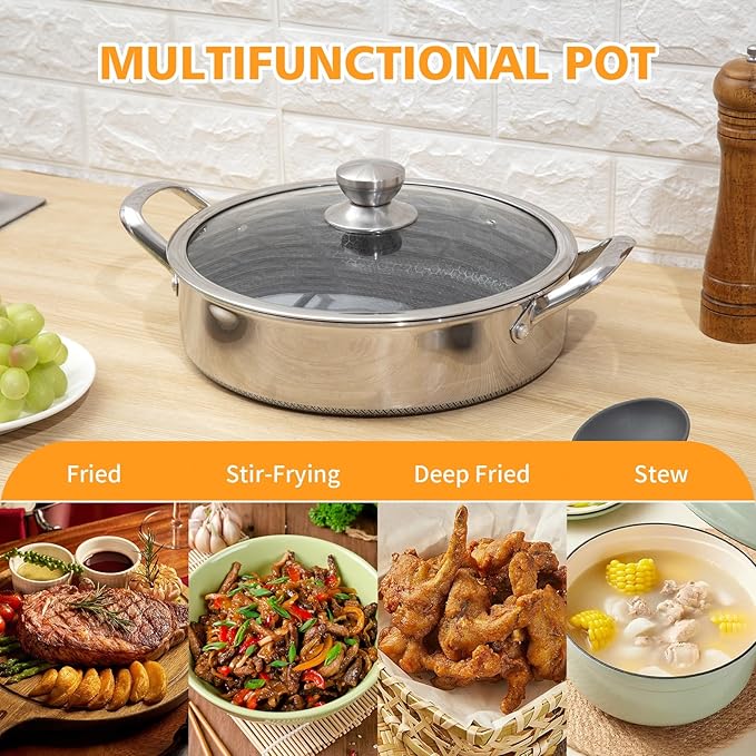 Saute Pan,10 Inch Nonstick Deep Frying Pan,316L Stainless Steel Sauté Pan with Lid,Induction Cooking Pan,PFOA Free Cookware,Dishwasher & Oven Safe