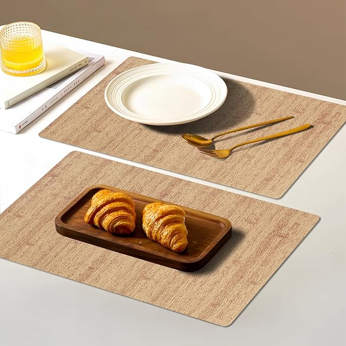 Vinyl Placemats Set of 6-12×17.7 Inch Waterproof & Heattable Placemats, Fall Faux Leather Wipeable Outdoor Table Mat for Dining, Kitchen, Indoor Outdoor Use (Brown, Wood Grain)