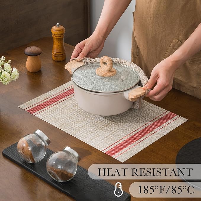 BACKTOEDEN Placemats Set of 8 Heat Resistant Washable Wipeable Placemat Woven Non-Slip Foldable Vinyl/Plastic Place Mats Indoor/Outdoor Mat Kitchen Dining Table Pad, Red Skyline