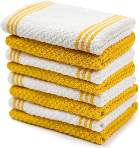Sticky Toffee Cotton Dishcloths Set of 8 – Yellow and White Dish Towels 12x12 in, Reusable and Absorbent Tea Towels for Cleaning or Drying, Oeko-Tex Cotton