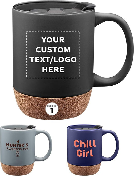 Custom Barista Ceramic Mugs with Cork Bottom 13 oz. Set of 1, Personalized Bulk Pack - Perfect for Coffee, Tea, Espresso, Hot Cocoa, Other Beverages - Black