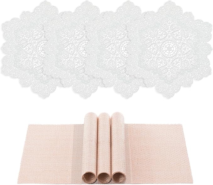 BACKTOEDEN Placemats Set of 4 Heat Resistant Washable Wipeable Placemat Woven Non-Slip Foldable Vinyl/Plastic Place Mats Indoor/Outdoor Mat Kitchen Dining Table Pad, White Snowflake & Pink