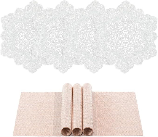 BACKTOEDEN Placemats Set of 4 Heat Resistant Washable Wipeable Placemat Woven Non-Slip Foldable Vinyl/Plastic Place Mats Indoor/Outdoor Mat Kitchen Dining Table Pad, White Snowflake & Pink