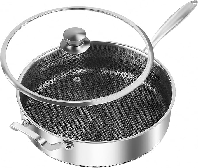 Frying Pans Nonstick wih Lid, Non Stick Tri-Ply Stainless Steel Saute Pan, 8 Quarts Large Sauté Pan, 13.5 Inch Induction Cooking Pan, Dishwasher and Oven Safe, PFOA Free