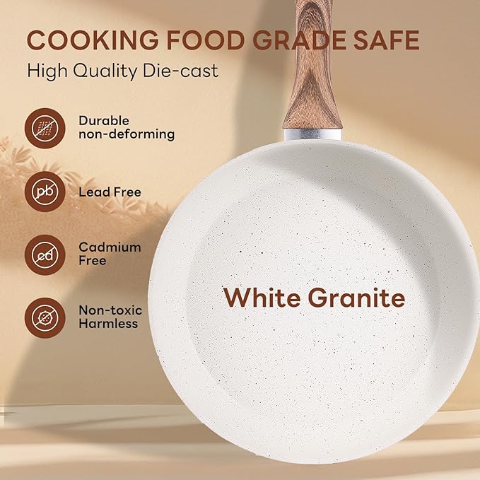 Sweetcrispy 17 Pcs Nonstick Pots and Pans, Non-toxic Kitchen Cooking Set with Stay-Cool Handles, Cream White