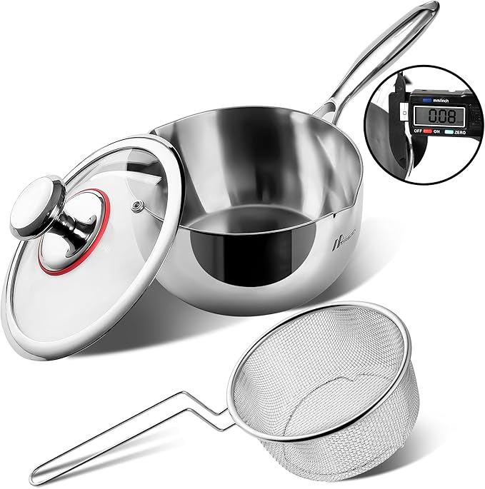 3 Qt Tri-Ply Stainless Steel Saucepan with Glass Strainer Lid 3 Quart Stainless Steel Sauce pan With Lid All Cooktops Compatible Sauce Pot Dishwasher and Oven Safe Dual Spout for Effortless Pouring