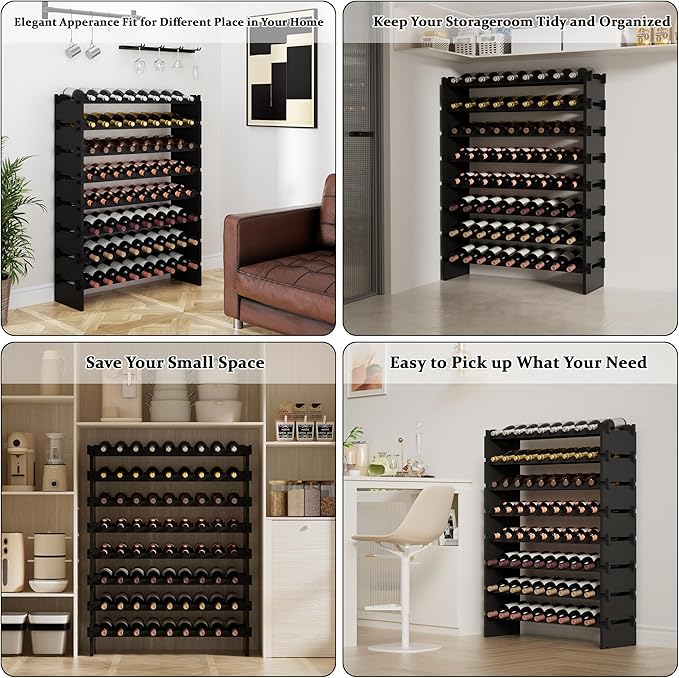 Bambloom Wine Rack Freestanding Floor, Wooden Stackable Bottle Storage Rack for Kitchen,Cellar. 72 Bottles Wine Holder Display Shelves for Champagne(Black)