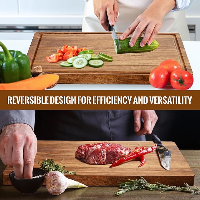 X-Large Acacia Wood Cutting Board for Kitchen, 20x15x1.2 Inch Reversible Wooden Chopping Board Thick Charcuterie Board with Juice Grooves and Handle for Meat, Cheese, Vegetables, Fruits, Bread