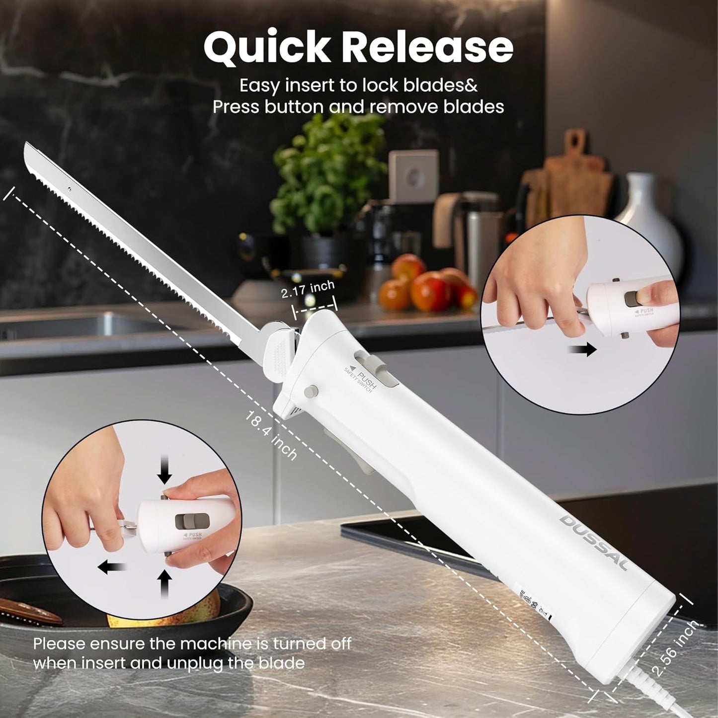 DUSSAL Electric Knife, Electric Cutting Knife, 4 Stainless Steel Blades, Safety Lock Switch, Blade Release Buttons, On/Off button, Cutting Meats, Poultry, Bread, Cheese & More (White)