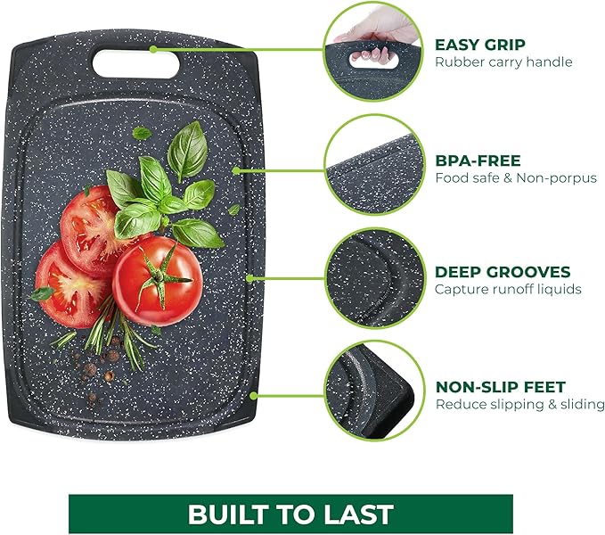 Freshware Plastic Cutting Boards for Kitchen, Cutting Board Set of 3, Juice Grooves with Easy Grip Handle, BPA-Free, Dishwasher Safe, Black Marble