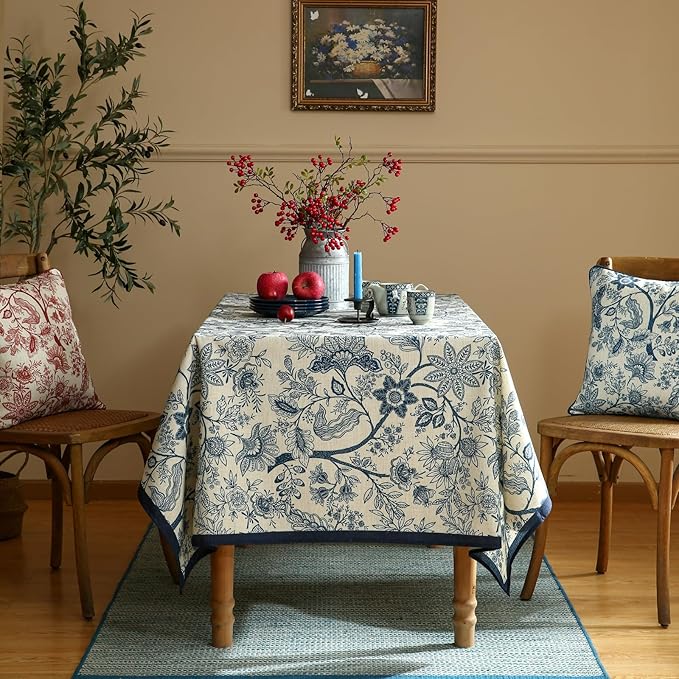 French Floral Tablecloth for Rectangle Tables,Linen Table Cloth with Blue Flowers Pattern,Heavy Durable Table Cover for Dining Kitchen Decor Party Banquet Christmas,55"*71"